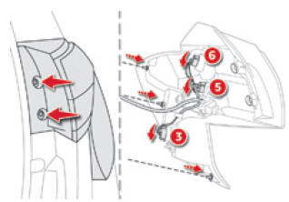Citroen C4 Aircross. Austausch der Standleuchten / Bremsleuchten (6), der Fahrtrichtungsanzeiger (5) und der Nebelschlussleuchten
